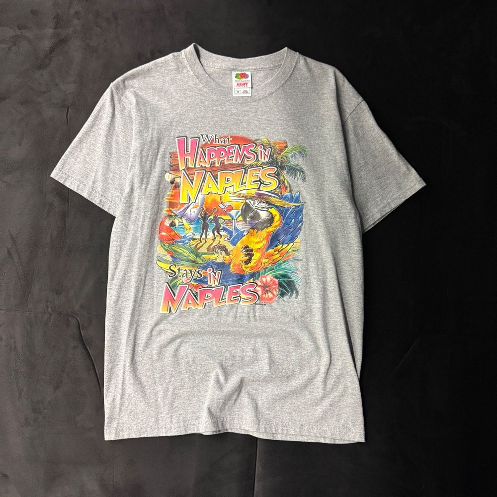 Y2K Mens Fruit of the Loom Naples Florida Graphic T-Shirt Tropical Souvenir M